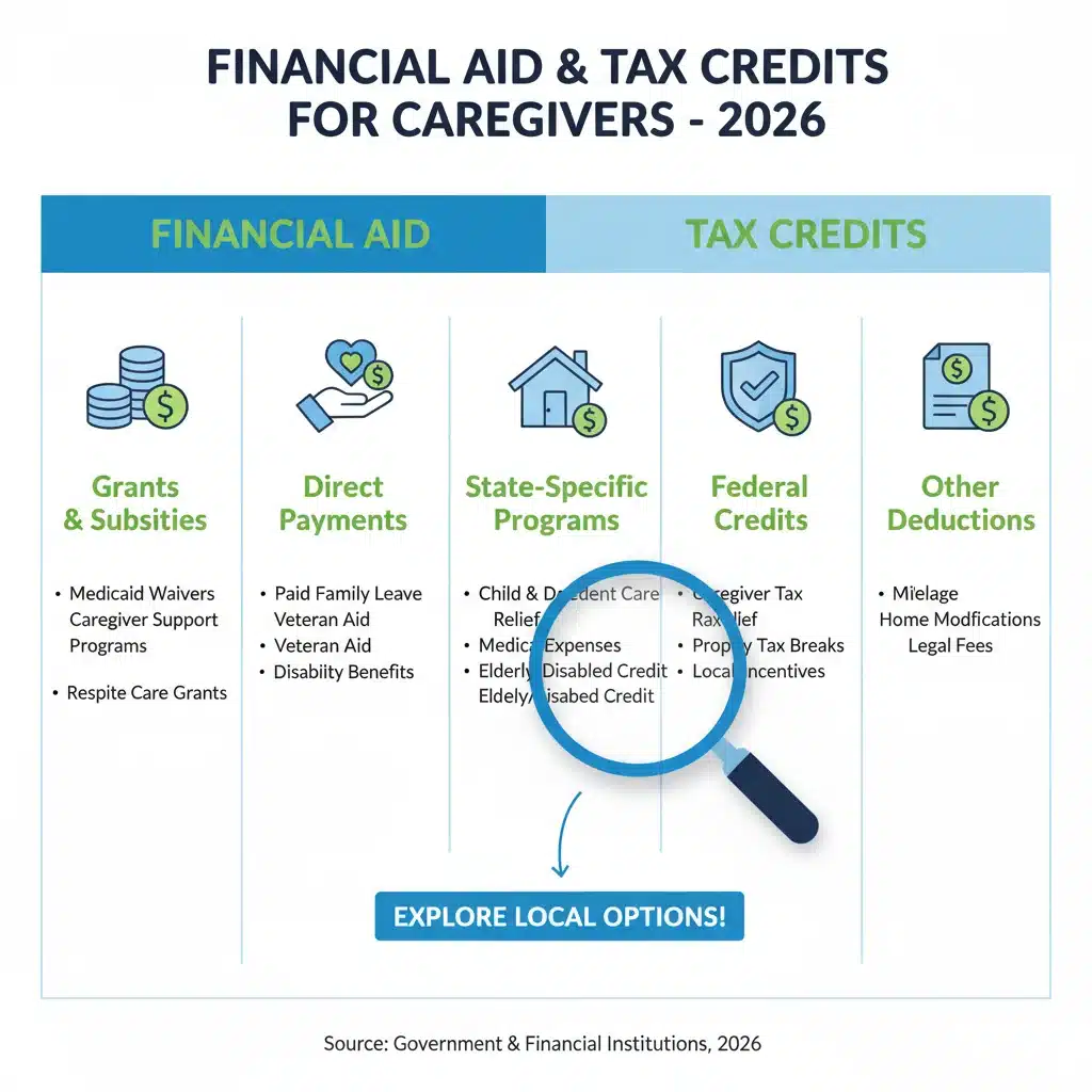 Infographic showing financial aid and tax credits for caregivers 2026