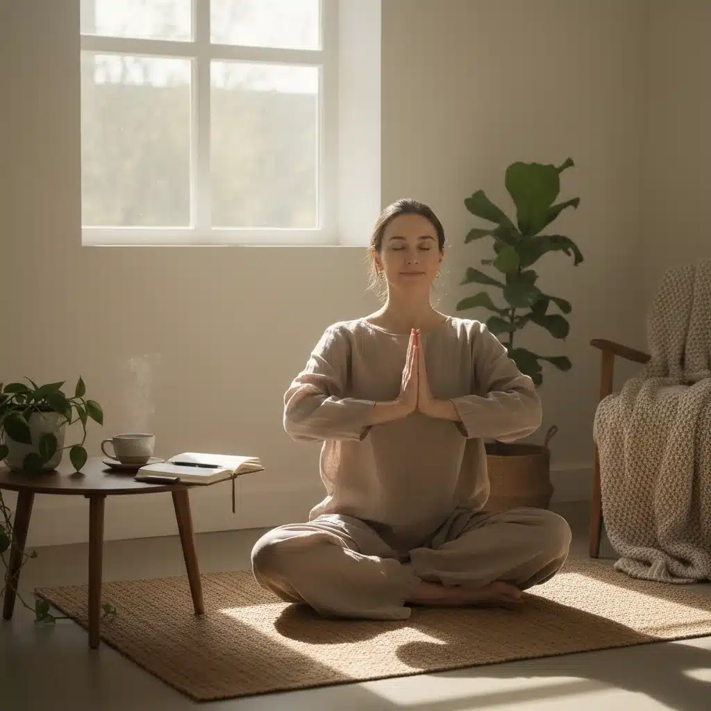 Caregiver practicing self-care through mindfulness and stretching in a calm room