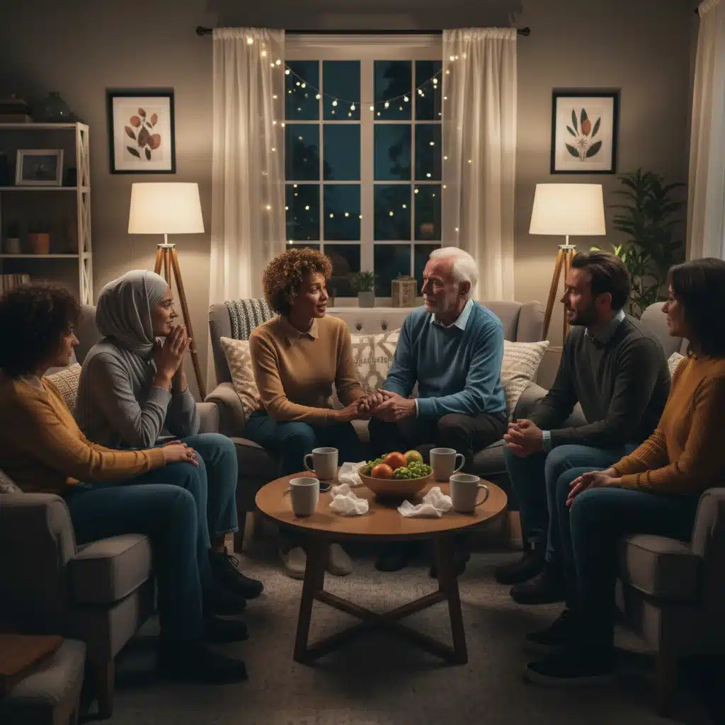 Diverse group of caregivers in a support group, sharing and listening.