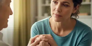 A caregiver holding an elderly person's hand, symbolizing support and the emotional demands of caregiving.