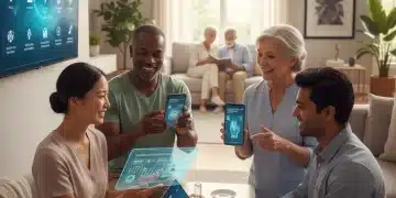Caregivers using digital devices for support and communication in a home setting.