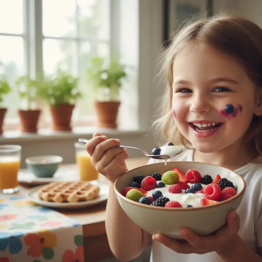 Child eating a bowl of berries and yogurt, emphasizing nutrient-dense foods for children's immunity.