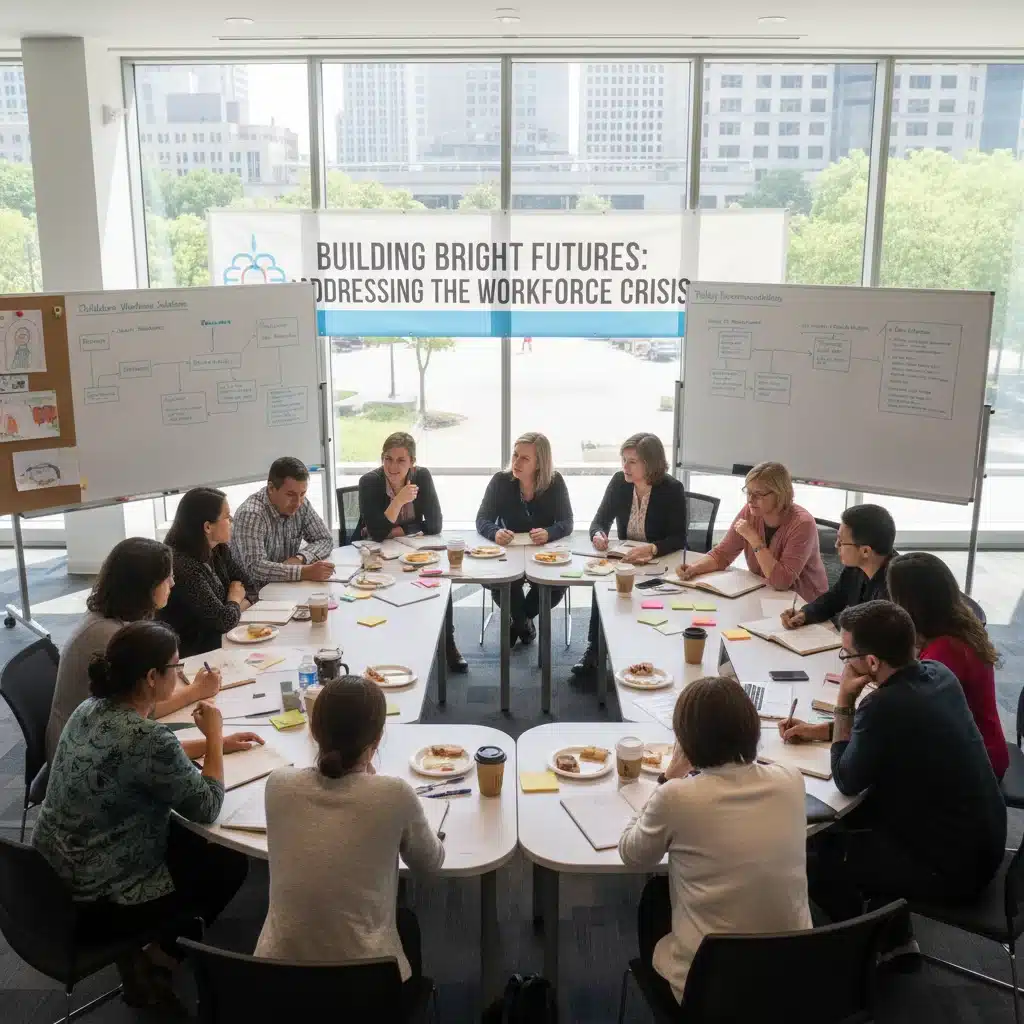Community members and policymakers discussing solutions for the childcare workforce crisis in a meeting.