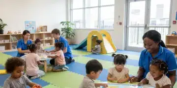 Children playing safely in a modern childcare facility with attentive caregivers.