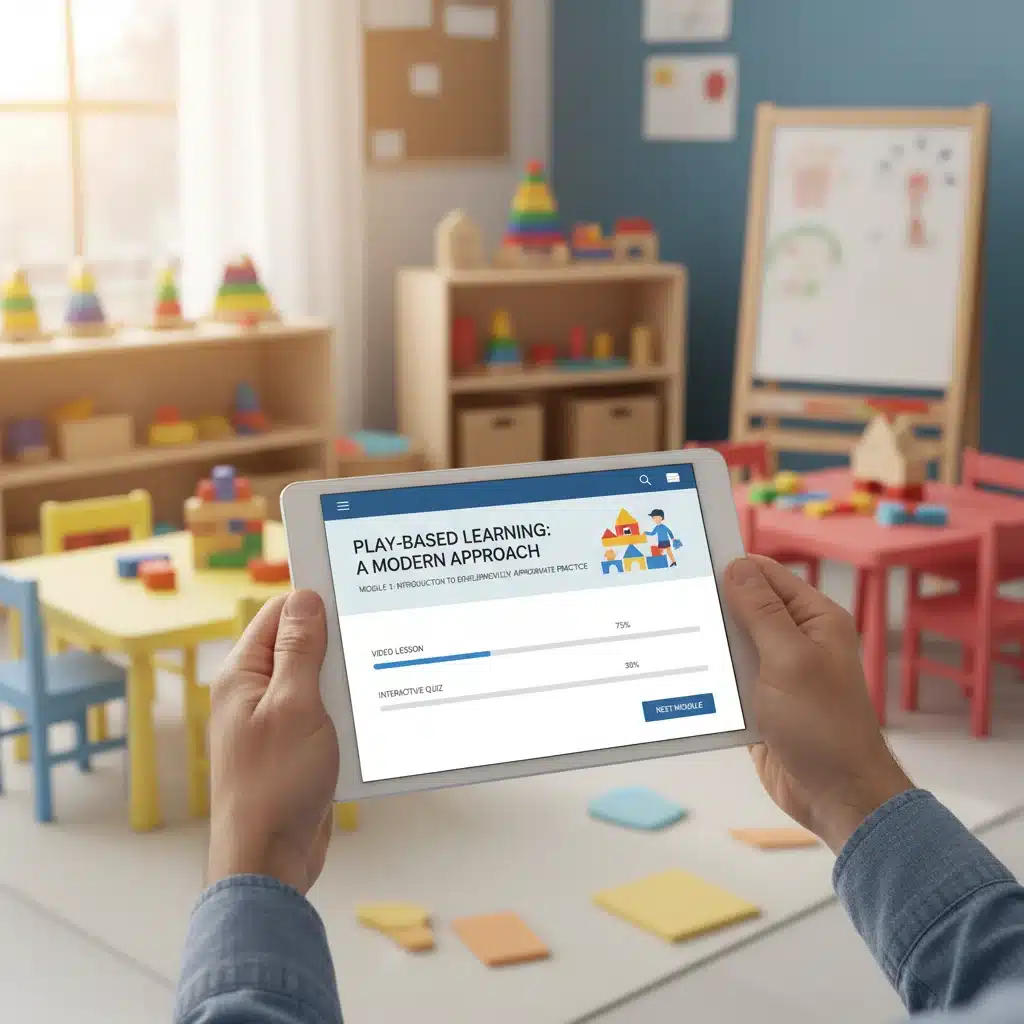 Hands holding a tablet displaying an online professional development course for childcare workers.