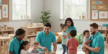 Diverse childcare providers engaging with children in a modern daycare center, highlighting professional early childhood education.