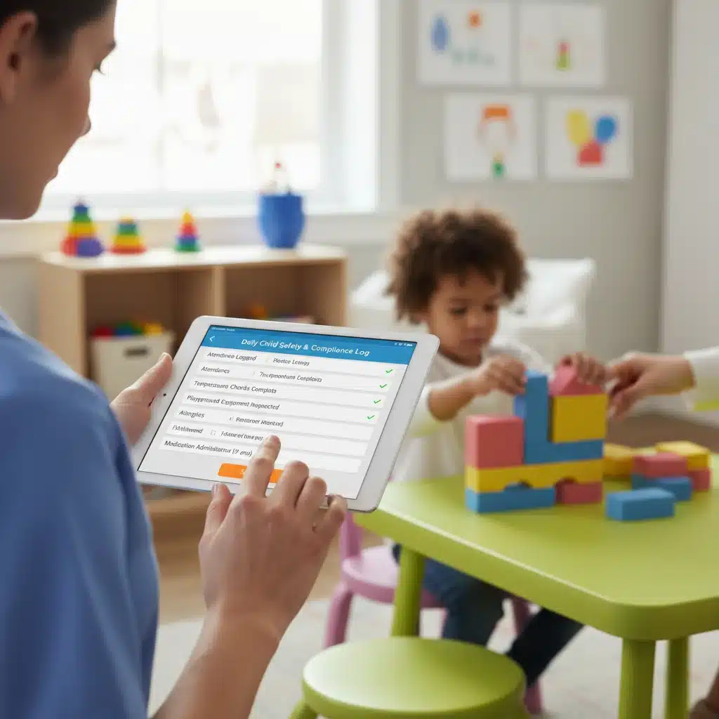 Childcare provider using a digital safety checklist on a tablet.