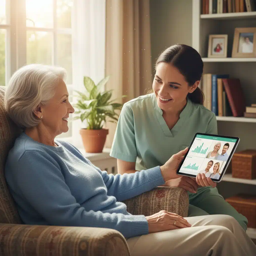 Elderly person and caregiver interacting, utilizing a tablet for health monitoring and communication.