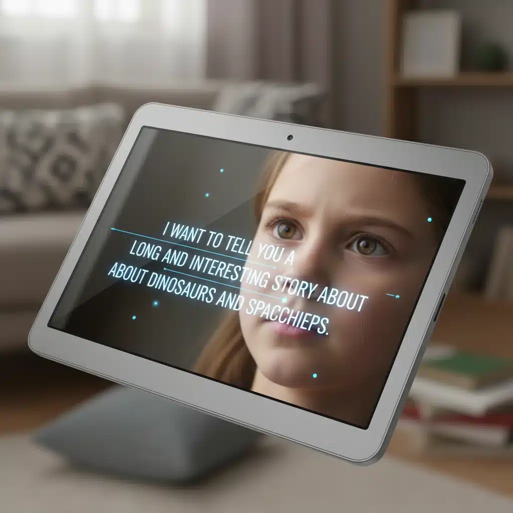 Child using an advanced eye-tracking communication device for complex communication.