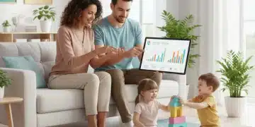 Parents happily reviewing childcare budget on tablet while children play