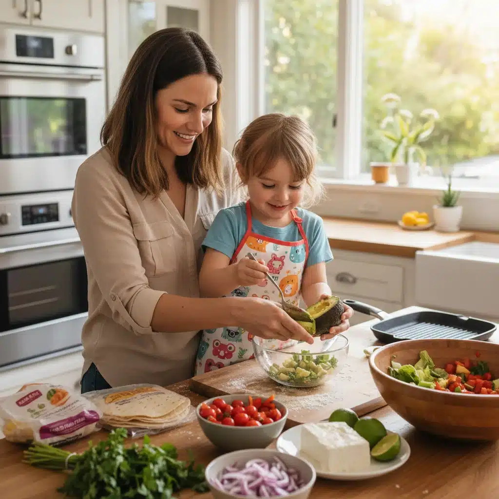 Parent and child cooking together in a kitchen, illustrating family involvement in healthy meal preparation.