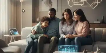 Diverse family on sofa, subtly concerned yet supportive, representing mental health awareness.