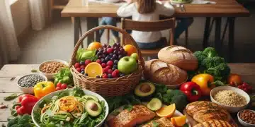 Colorful healthy food spread on a table with a family in the background, representing optimal family nutrition for immunity.