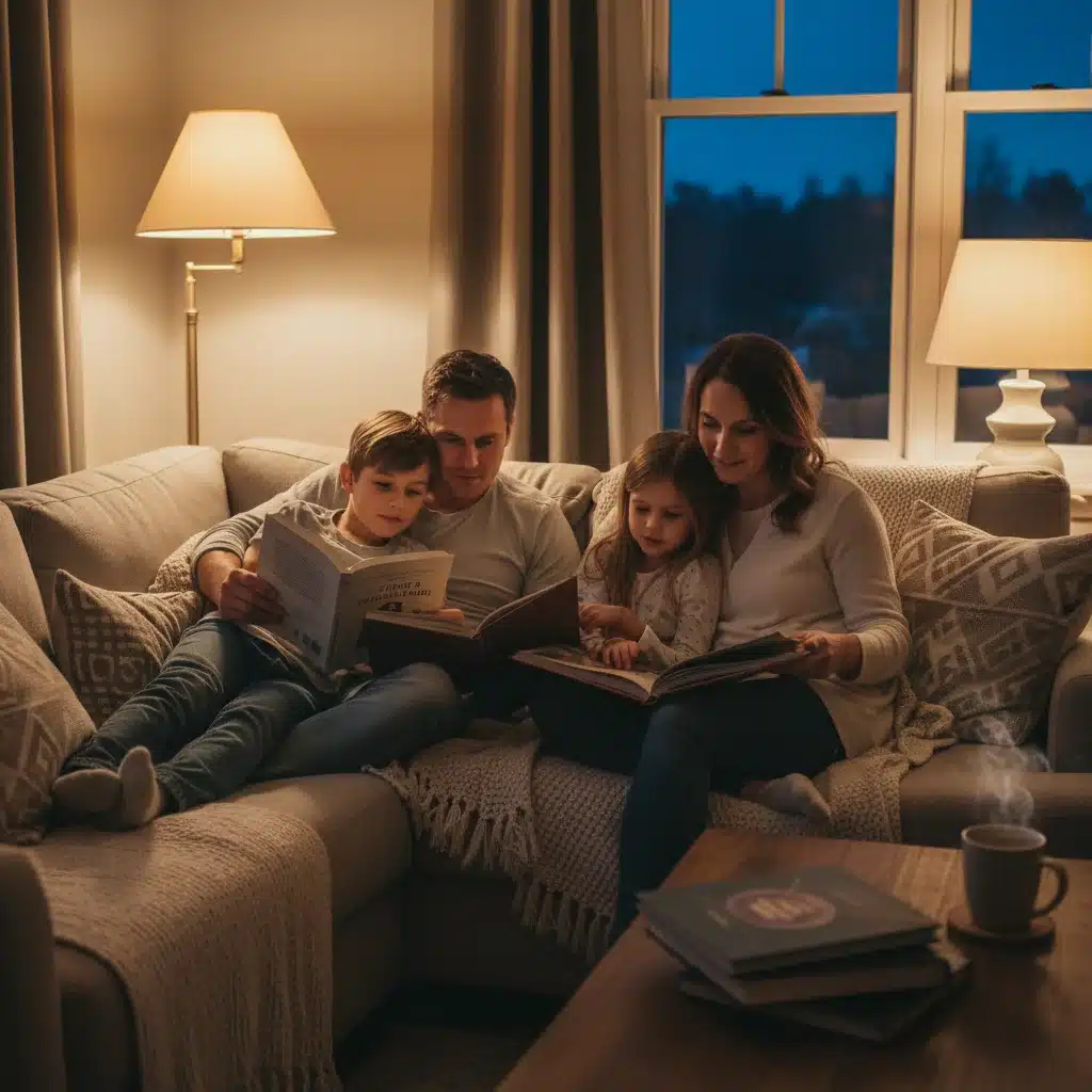 Family reading books together before bed, practicing relaxation