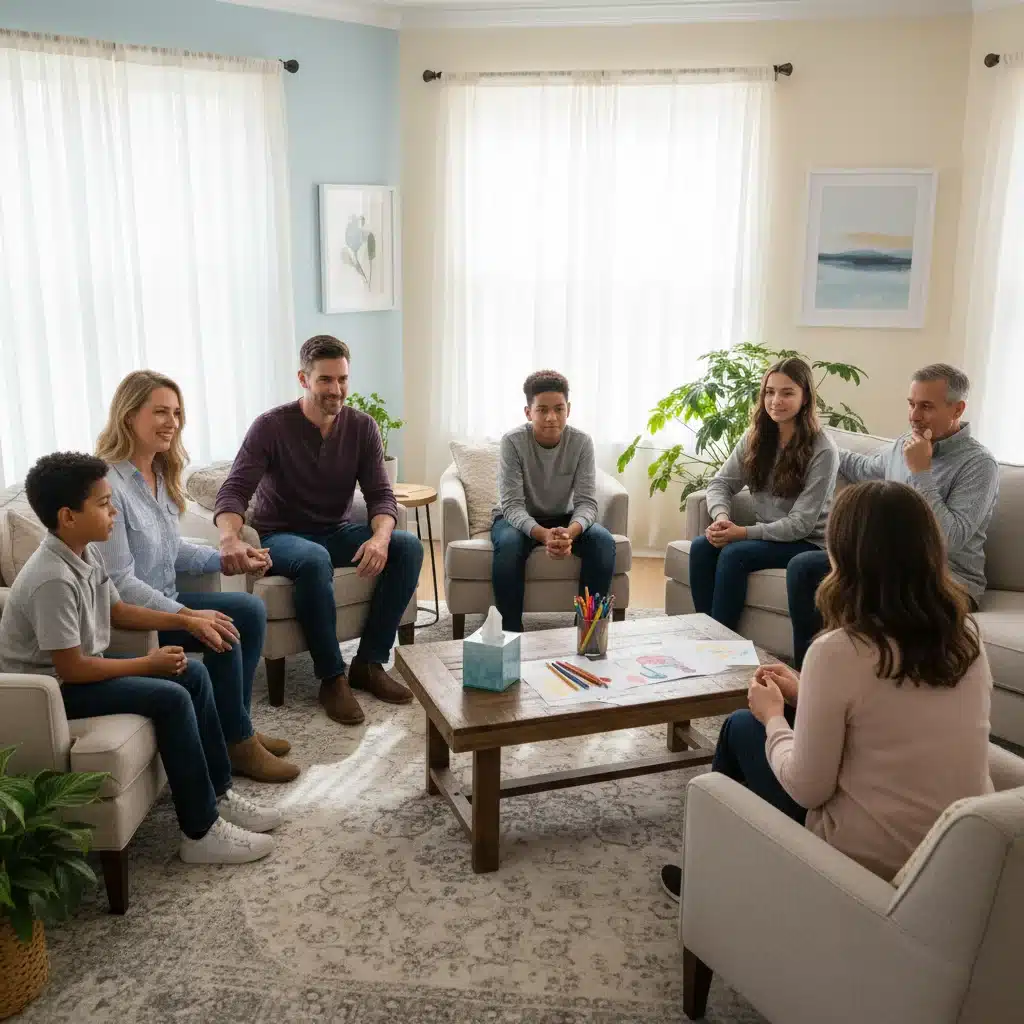 Diverse family in therapy session, engaging with a therapist, symbolizing healing and support.