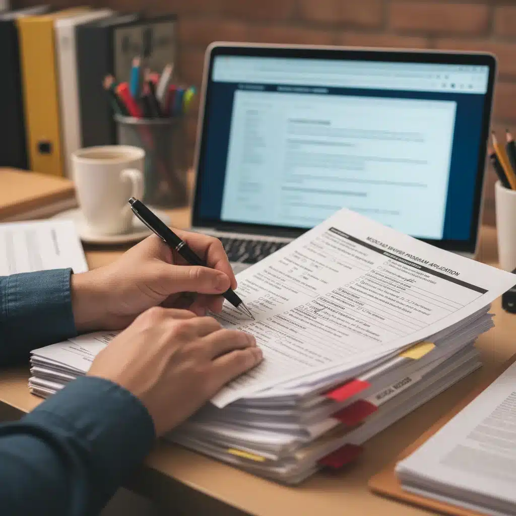 Person meticulously filling out complex Medicaid waiver application forms