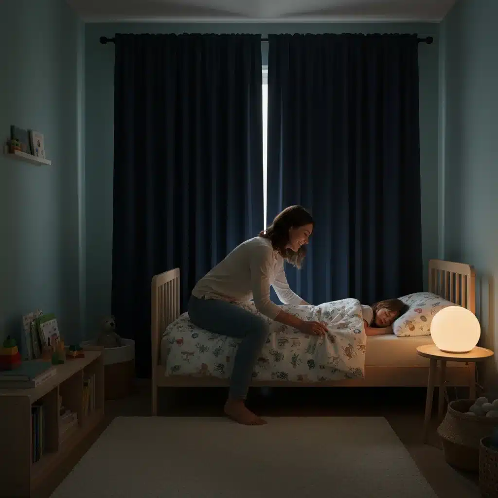 Parent tucking child into bed in an optimized sleep environment