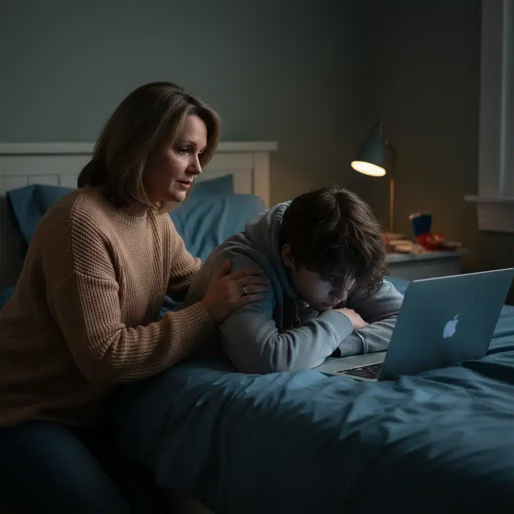 Parent gently comforting withdrawn teenager, depicting early mental health intervention.