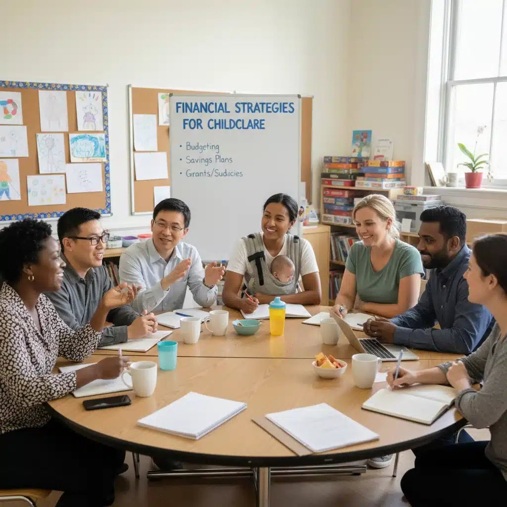 Parents discussing childcare financial strategies in a community group