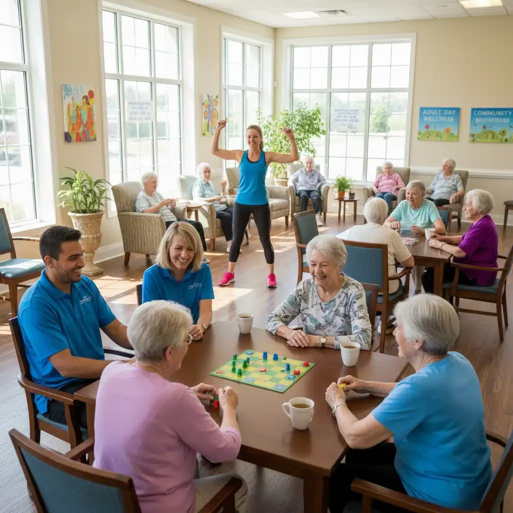 Seniors enjoying activities at a vibrant adult day care center.