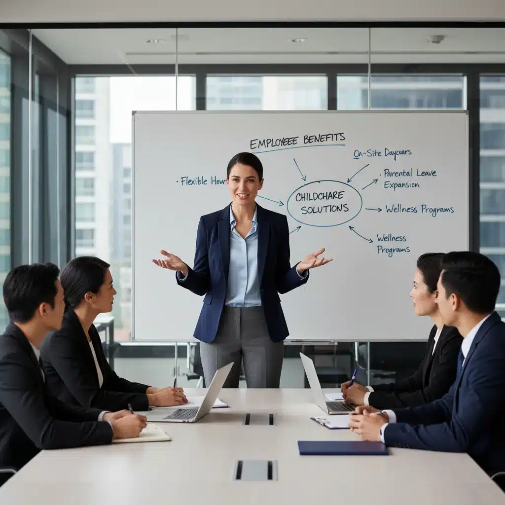 Employee advocating for childcare benefits in a corporate meeting