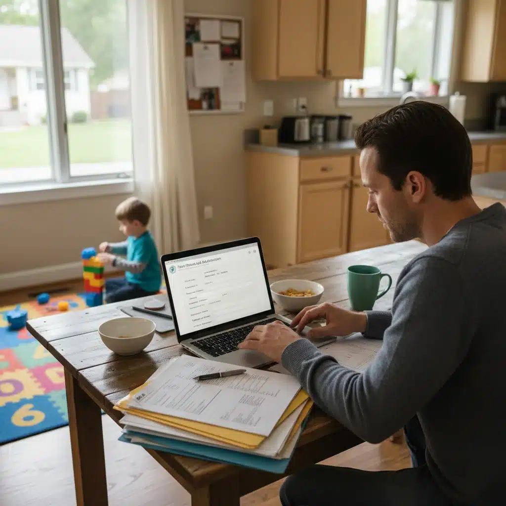 Parent applying for childcare subsidies on a laptop at home