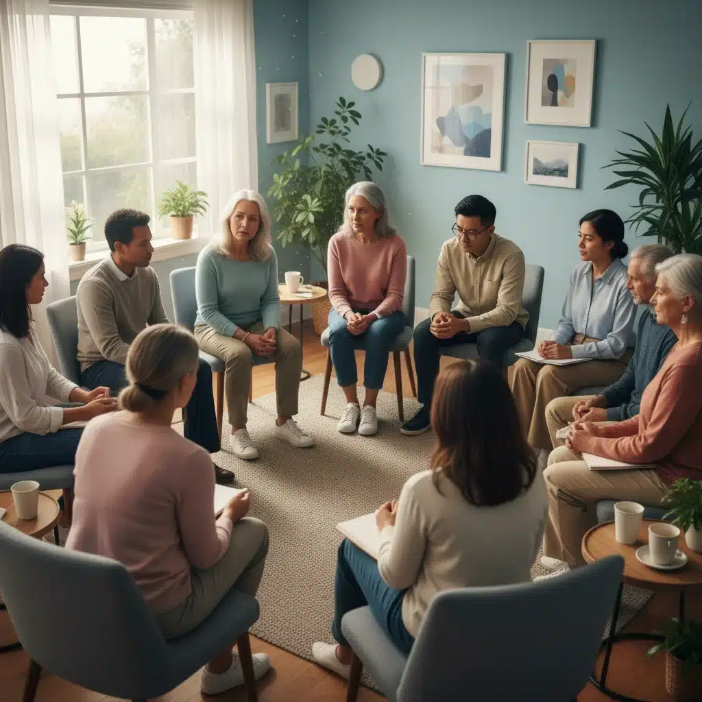Diverse caregivers in a support group, sharing experiences and offering mutual support in a warm, collaborative environment.