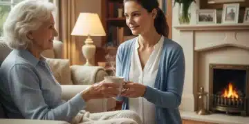Caregiver offering tea to an elderly person in a warm living room setting, symbolizing comfort and support.