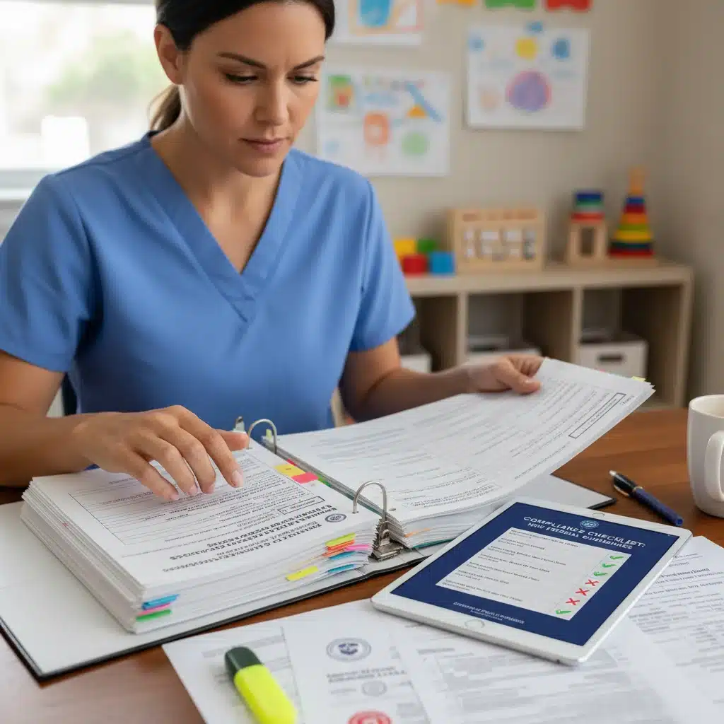 Childcare provider reviewing federal compliance documents and checklists