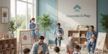 Parents and children thriving in a modern employer-sponsored childcare center
