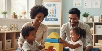 Happy family in modern childcare setting, symbolizing financial relief from subsidies
