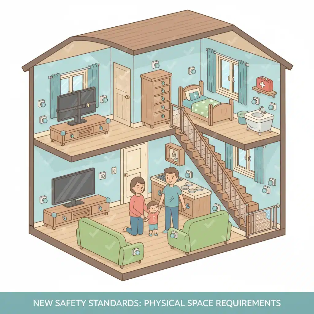 Illustration of child-proofing and safety features in a home childcare setting