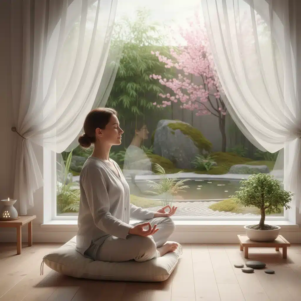 Person meditating by a window with a garden view, symbolizing self-care and mental well-being.
