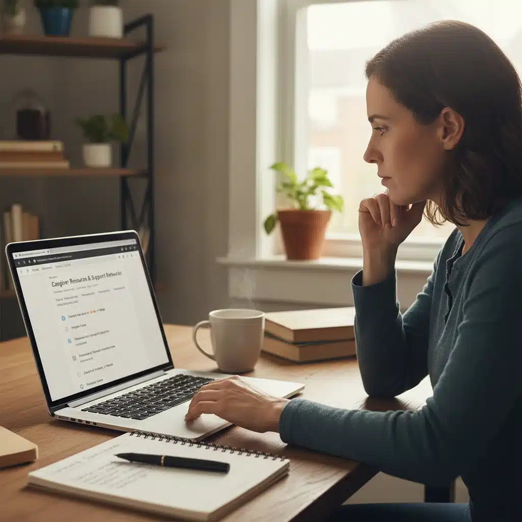 Person researching caregiver resources online on a laptop.