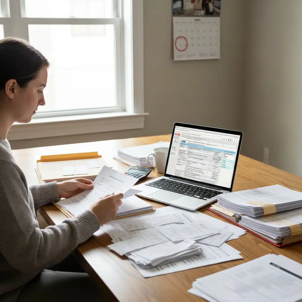 Person organizing financial documents for tax credit claim