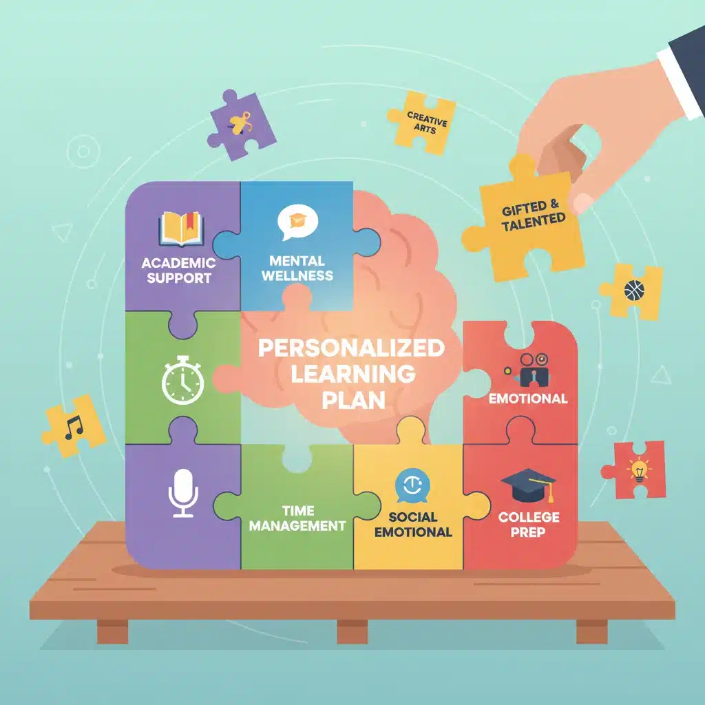 Puzzle pieces forming a complete personalized learning plan for diverse student needs.