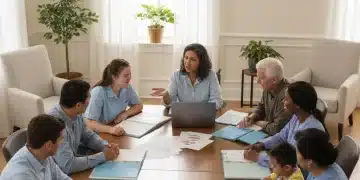 Caregivers and dependents discussing advanced care planning documents at a table.