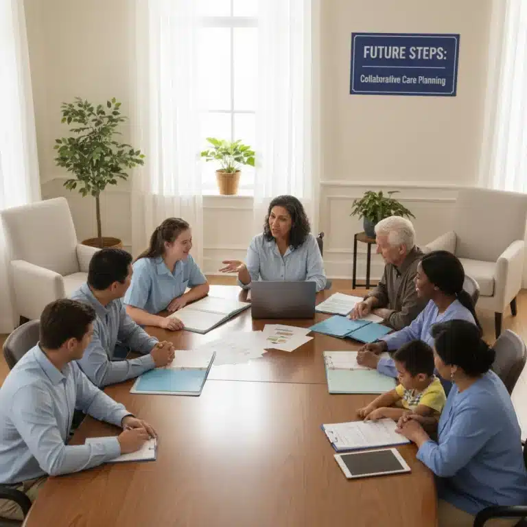 Caregivers and dependents discussing advanced care planning documents at a table.