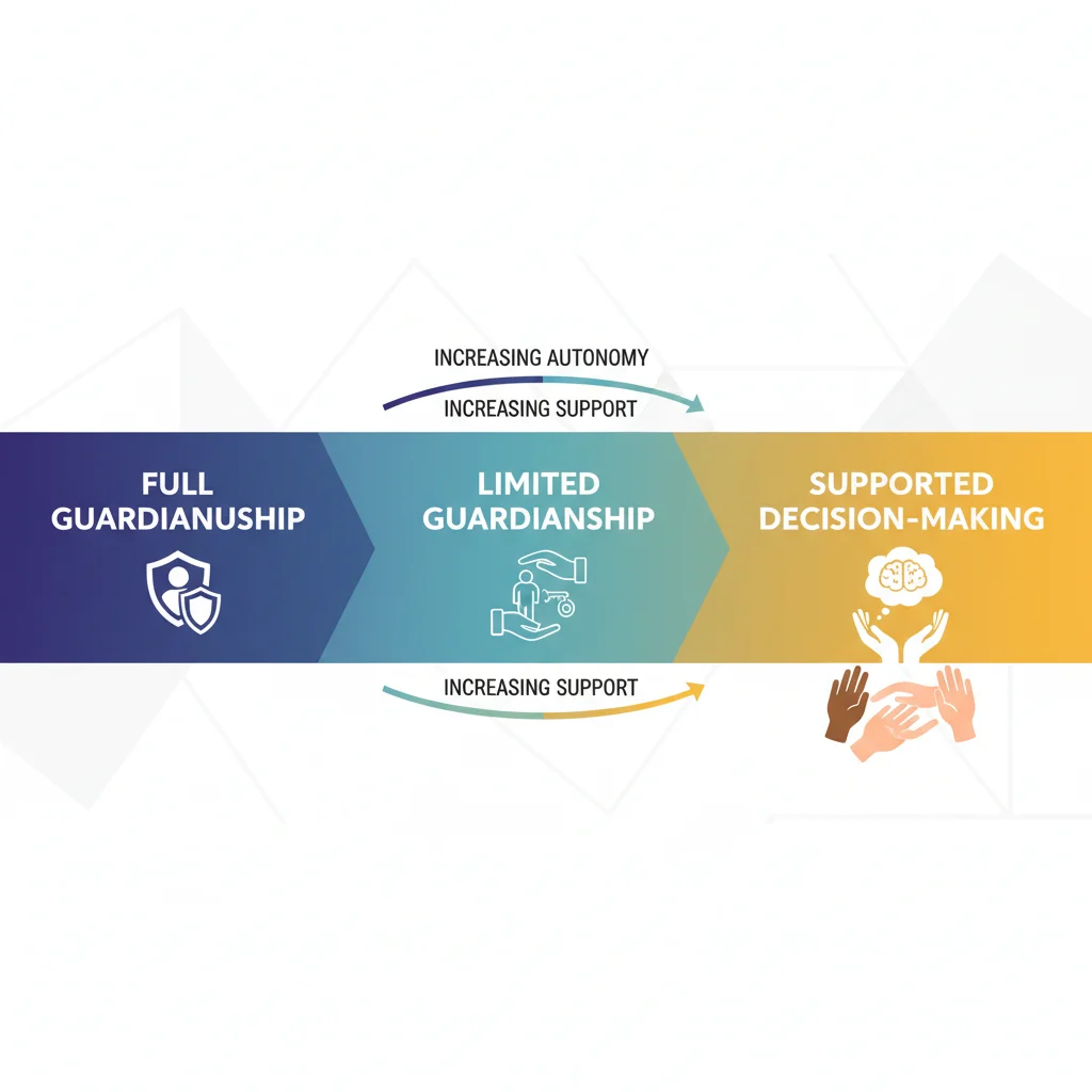 Spectrum illustrating the continuum from full guardianship to supported decision-making, emphasizing individual autonomy.
