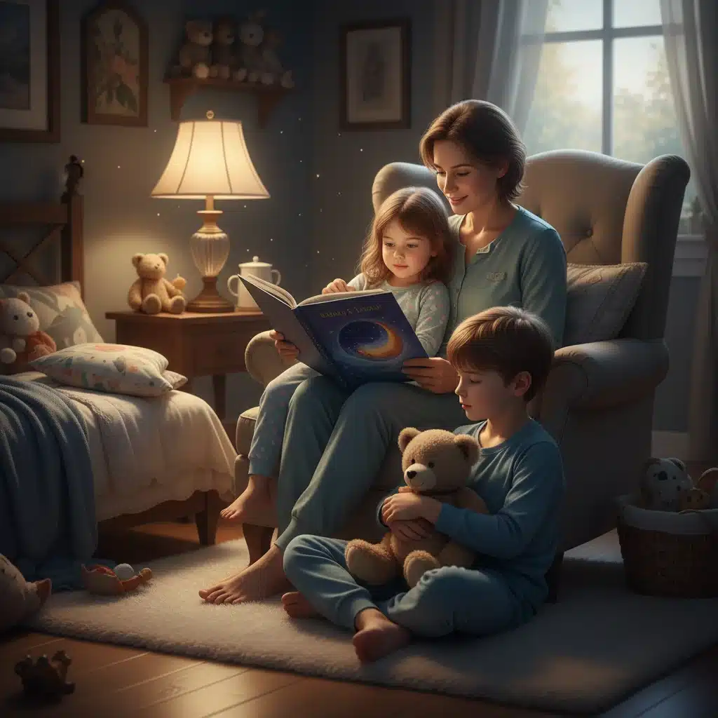Parent reading bedtime story to children, promoting consistent sleep routines.