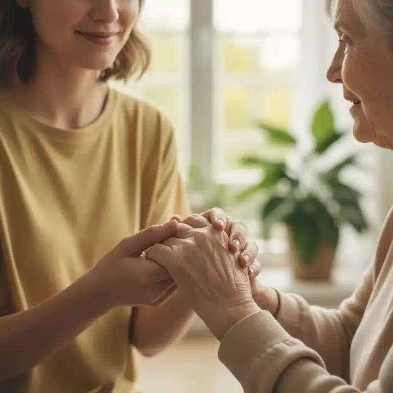 Close-up of a caregiver's hands gently holding an elderly person's hand, symbolizing comfort and support.