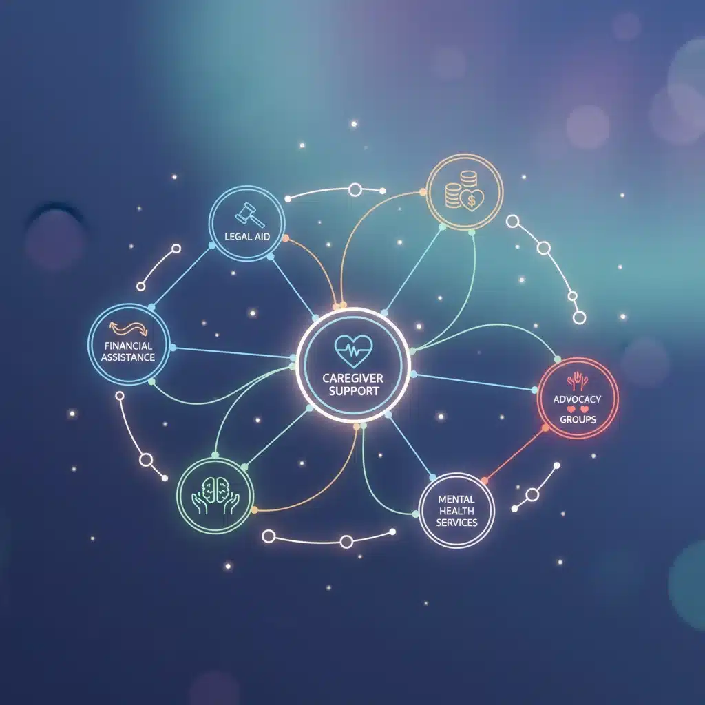 Infographic showing interconnected support systems and resources for US caregivers.