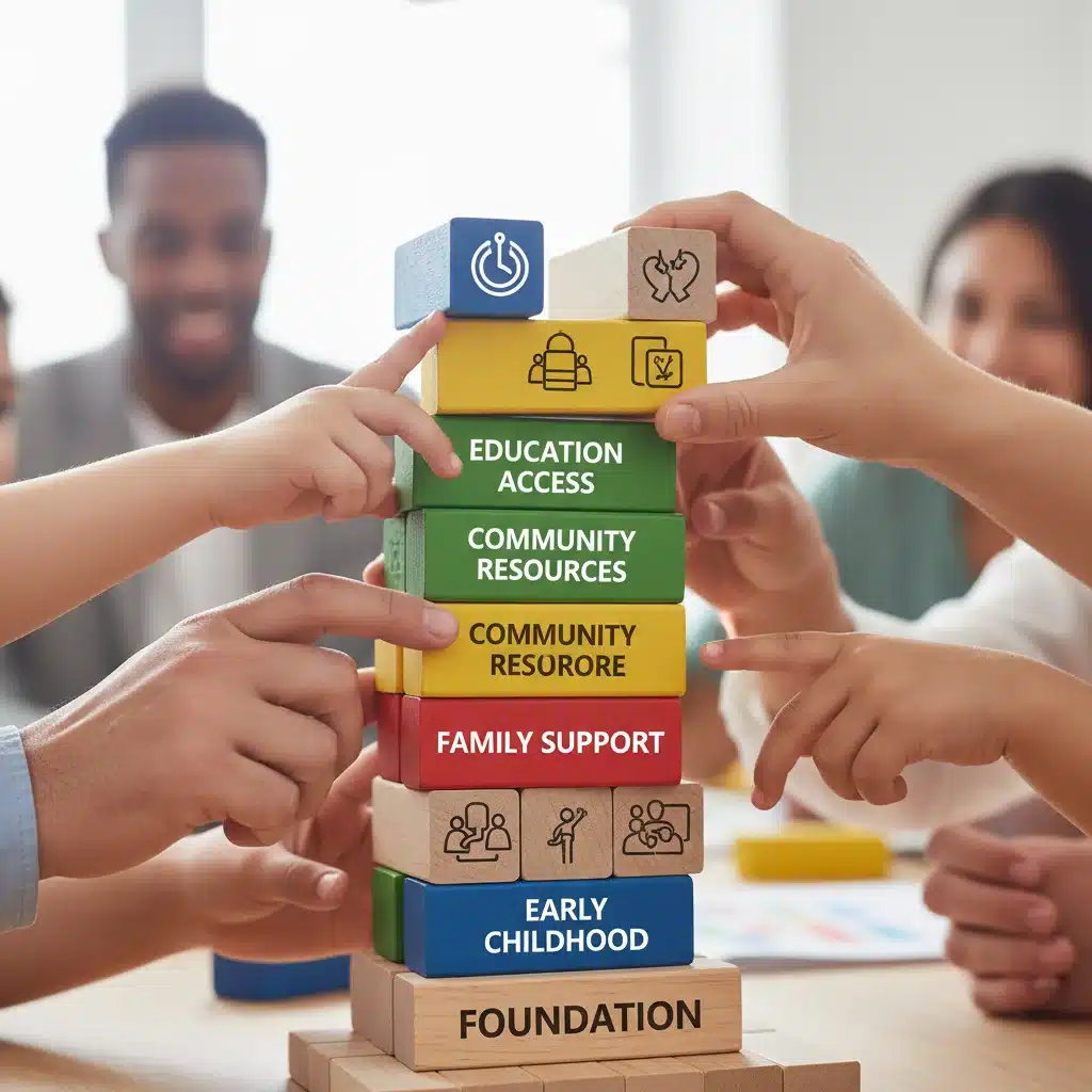 Diverse hands building a block tower, symbolizing collaborative policy development.