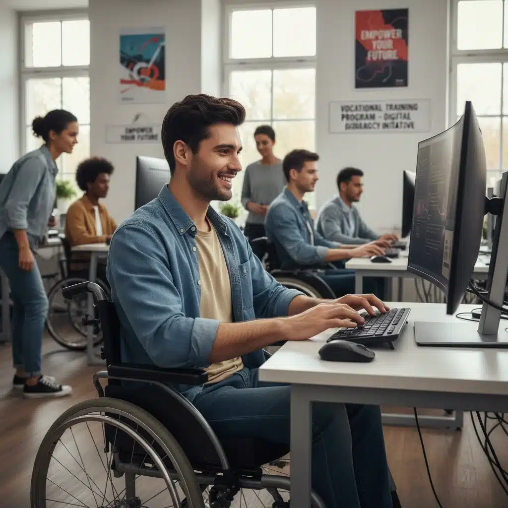 Man with disability confidently using computer in office, showcasing digital skills from training.