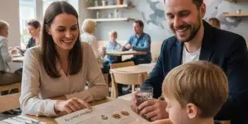 Family dining safely with food allergies in 2026, showing a child with an allergy bracelet and parents reviewing an allergy-friendly menu.