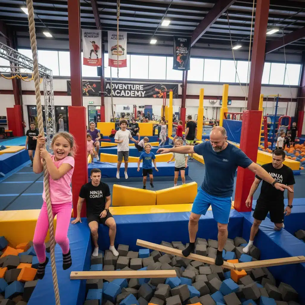 Family engaging in an indoor obstacle course, climbing and balancing.