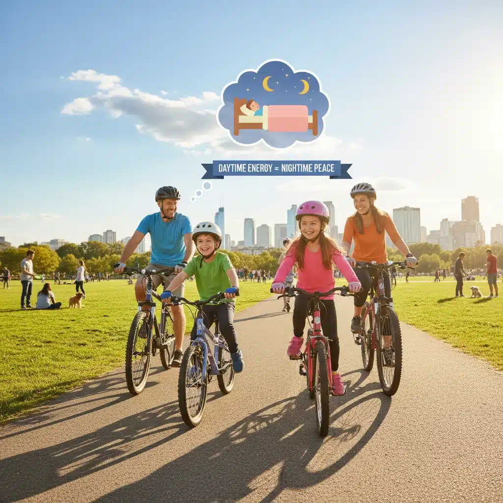 Family cycling outdoors, highlighting physical activity's role in sleep.