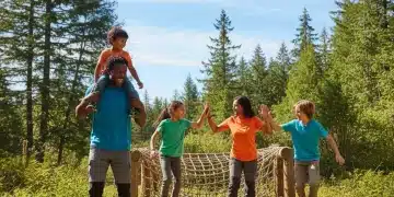 Diverse family enjoying outdoor fitness activity together, smiling and active.