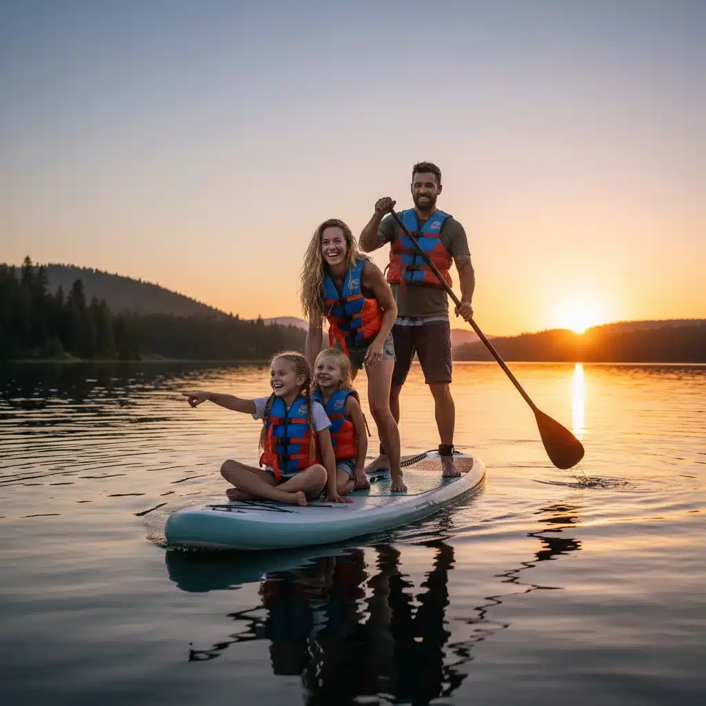 Family paddleboarding on a serene lake at sunset, enjoying water sports.