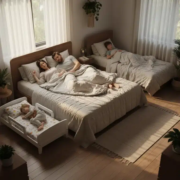 Peaceful family sleeping soundly in a cozy bedroom, symbolizing good sleep hygiene.